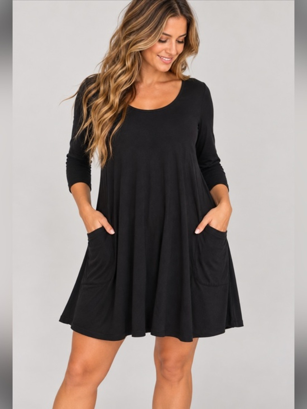 Sharagano Black A Line Swing Dress Size 14 3/4 Sleeve Pockets